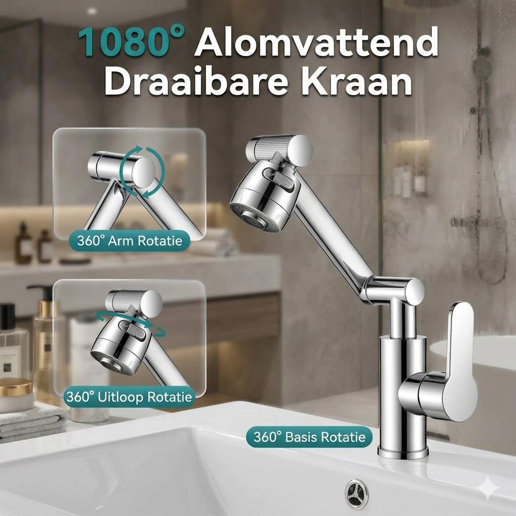 1080° draaibare kraan, geen spatten, twee waterstanden