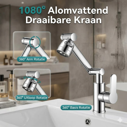 1080° draaibare kraan, geen spatten, twee waterstanden