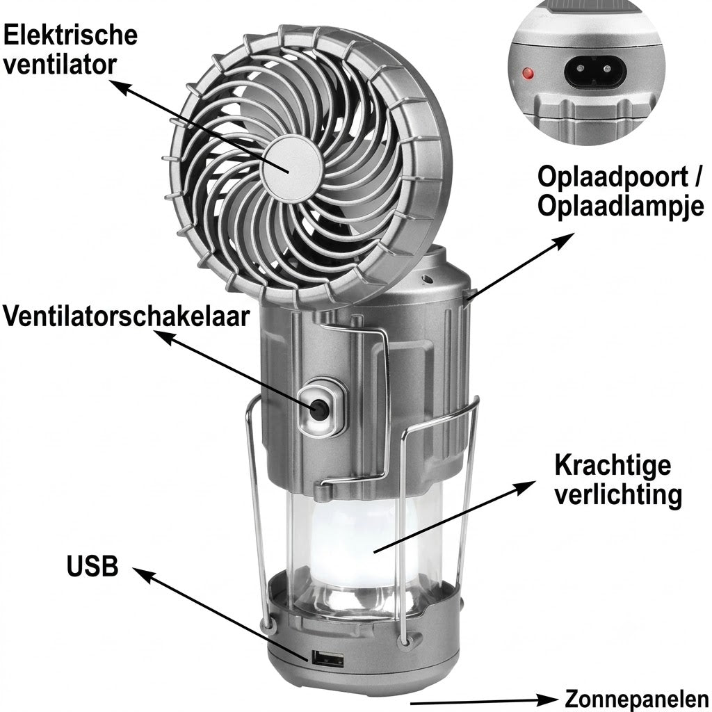 Campinglamp op Zonneenergie met Ventilator en Powerbank