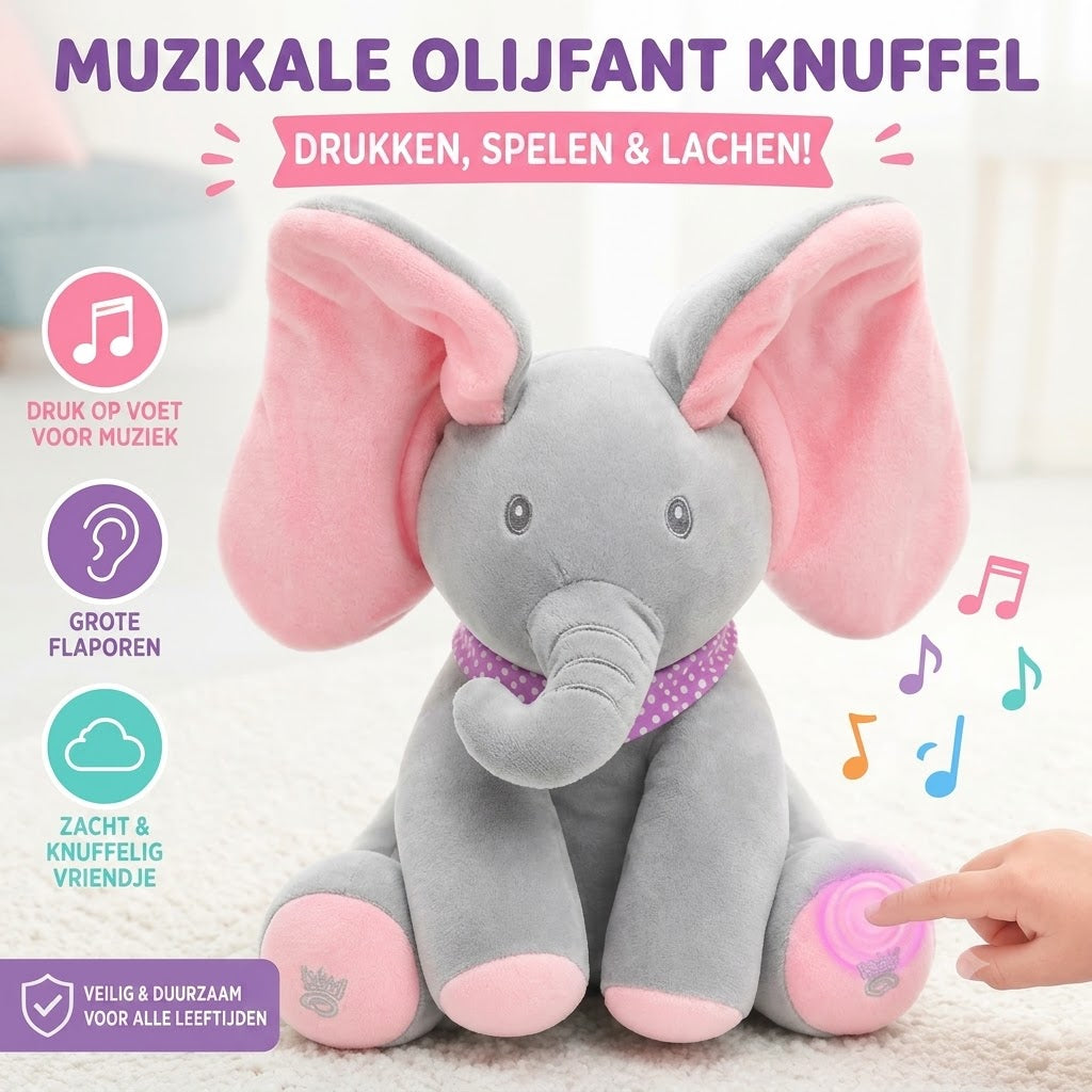 Kiekeboe olifantenknuffel met muziek