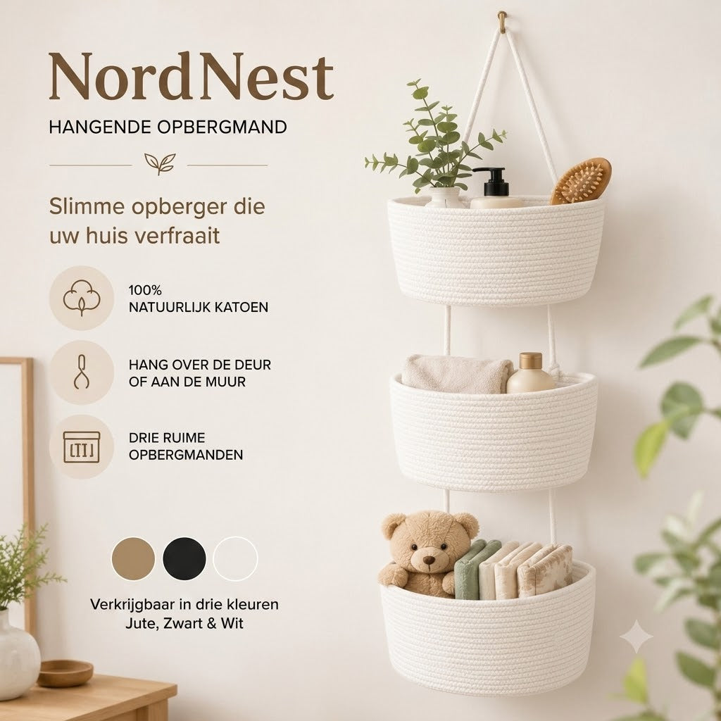 NordNest hangende katoenen opbergmand met drie vakken