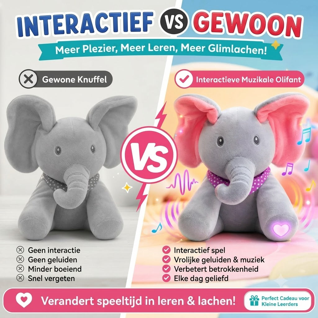 Kiekeboe olifantenknuffel met muziek