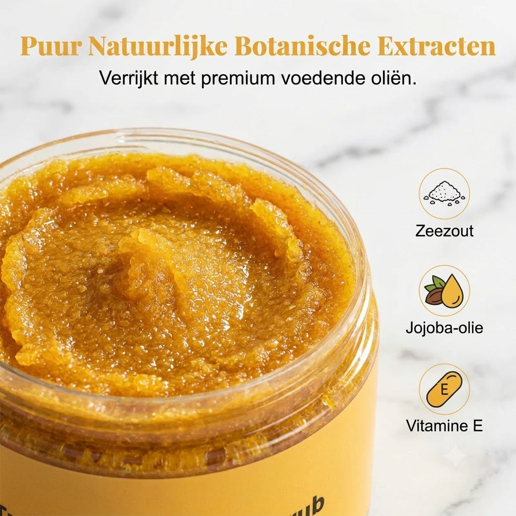 Kurkuma-bodyscrub stimuleert de huid met milde exfoliatie en diepe hydratatie