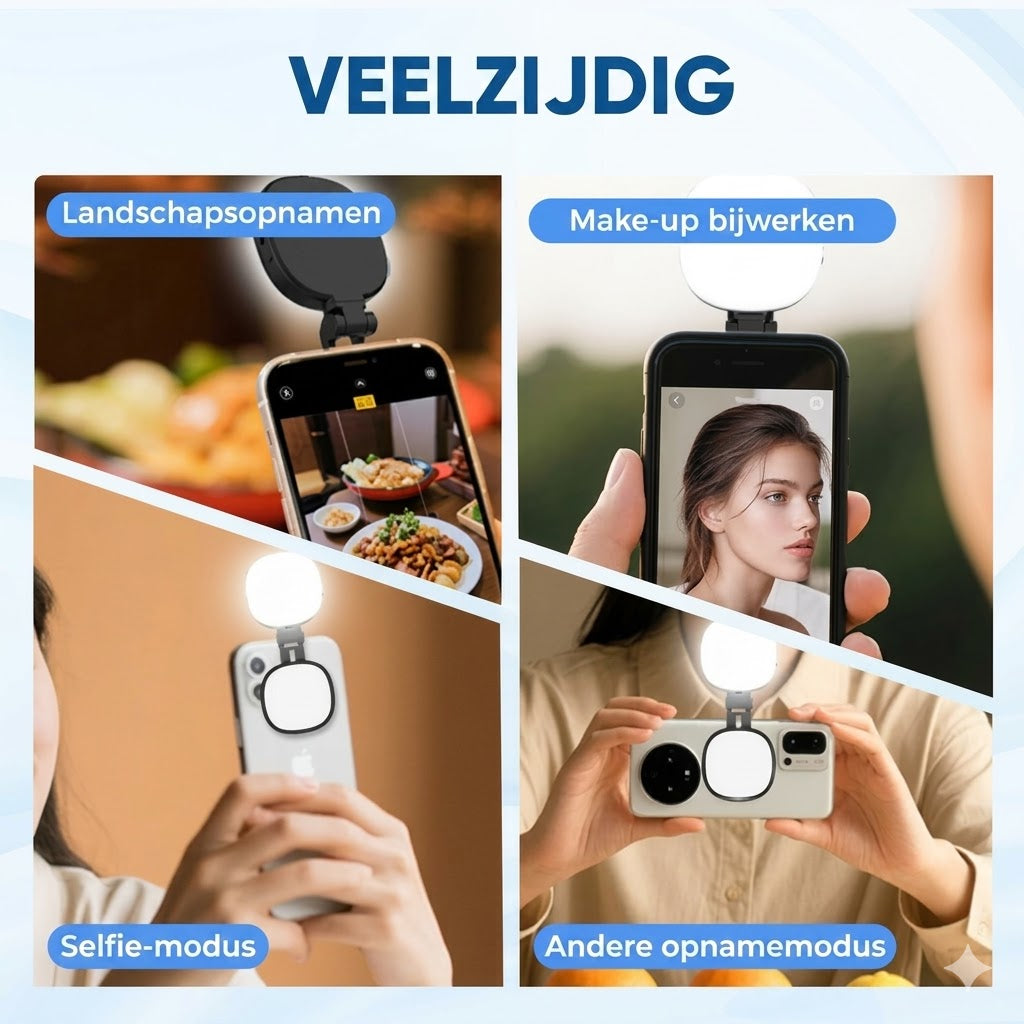 3-in-1 telefoonstandaard, spiegel en magnetisch selfie-invullicht