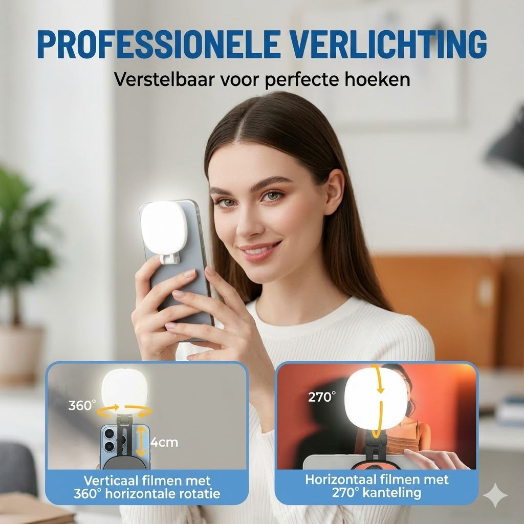 3-in-1 telefoonstandaard, spiegel en magnetisch selfie-invullicht