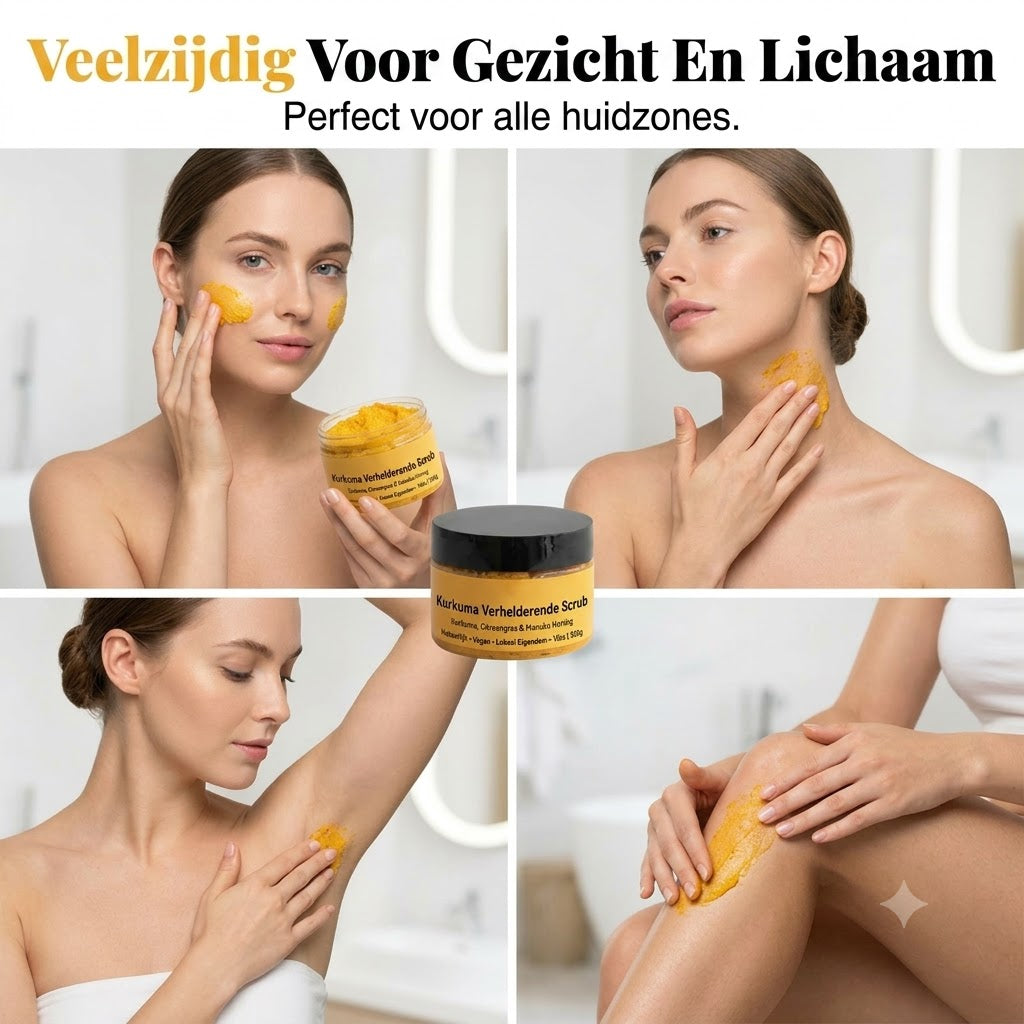 Kurkuma-bodyscrub stimuleert de huid met milde exfoliatie en diepe hydratatie