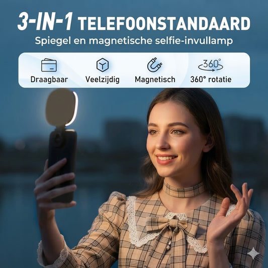 3-in-1 telefoonstandaard, spiegel en magnetisch selfie-invullicht