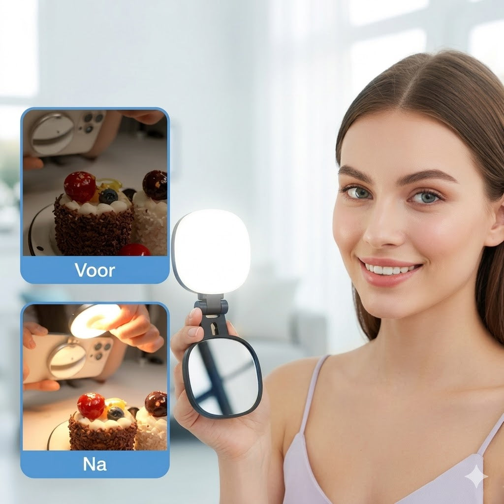 3-in-1 telefoonstandaard, spiegel en magnetisch selfie-invullicht