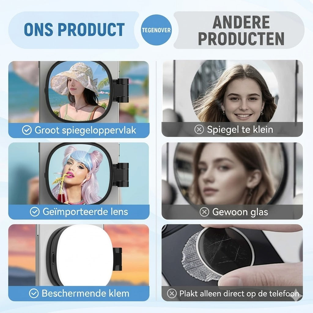 3-in-1 telefoonstandaard, spiegel en magnetisch selfie-invullicht