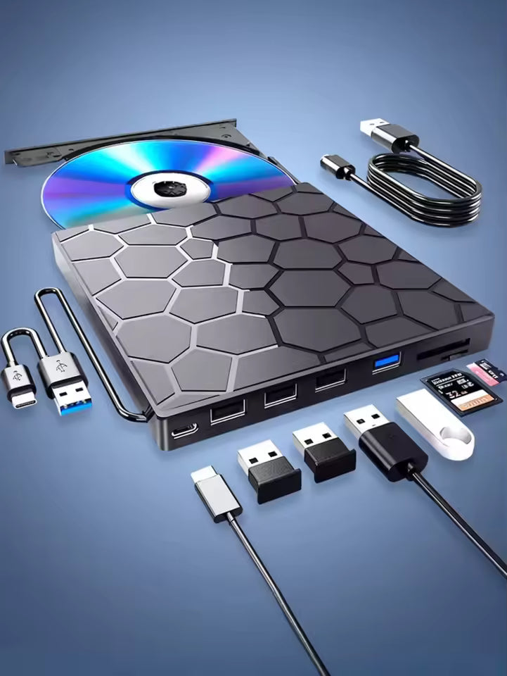 8-in-1 Externe CD/DVD-speler & USB-Hub – Plug & Play