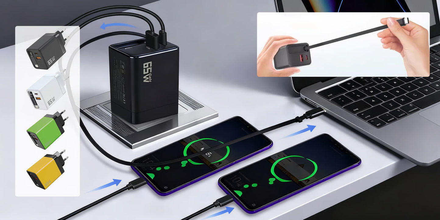 65W 3-in-1 slimme intrekbare snellader