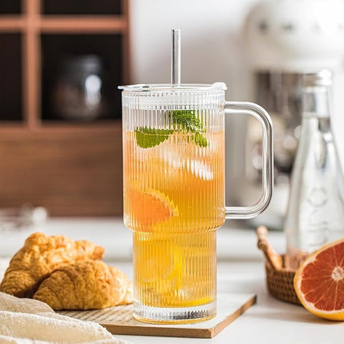 CLARA Geribbelde Glazen Drinkbeker met Handvat en Deksel voor Warme en Koude Dranken