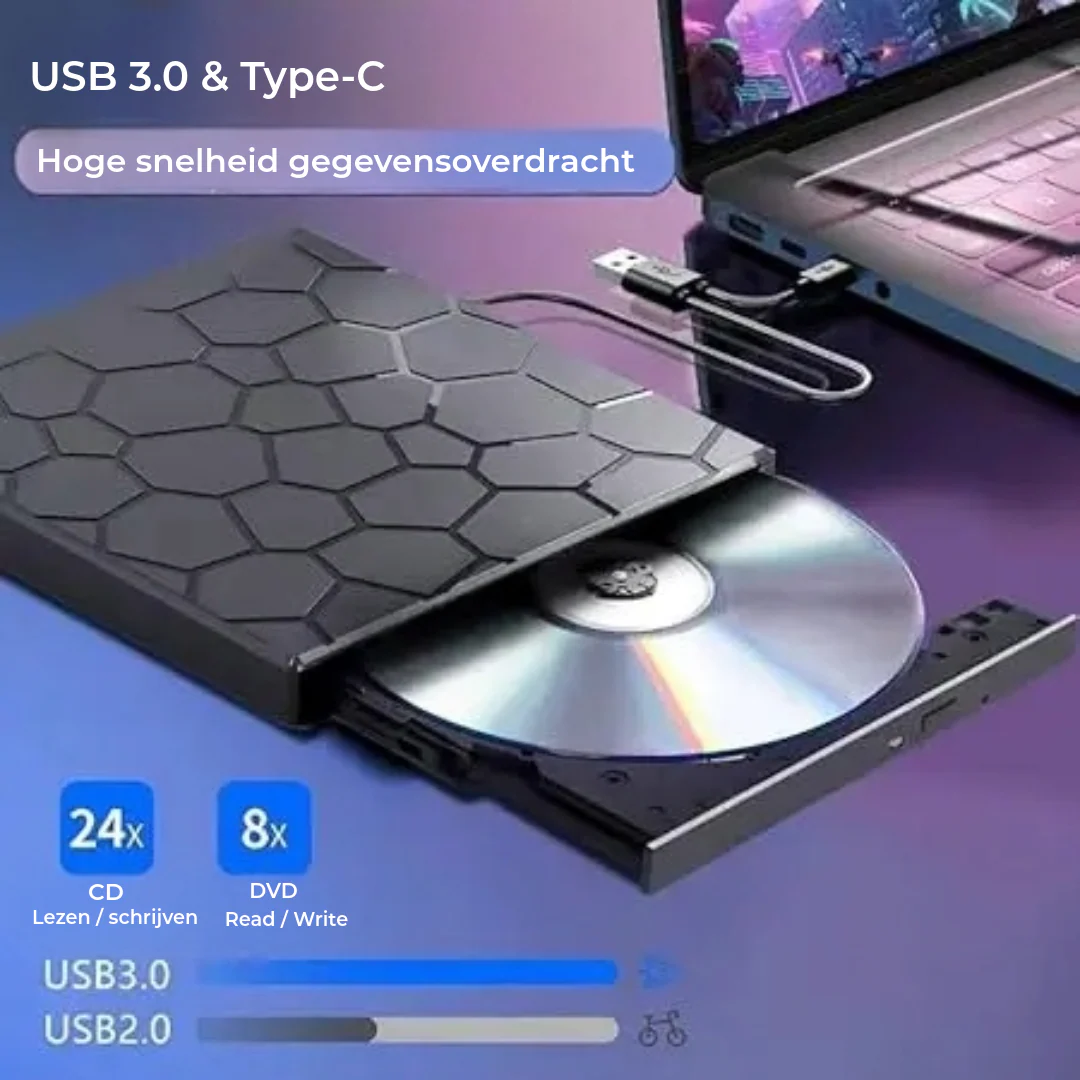 8-in-1 Externe CD/DVD-speler & USB-Hub – Plug & Play