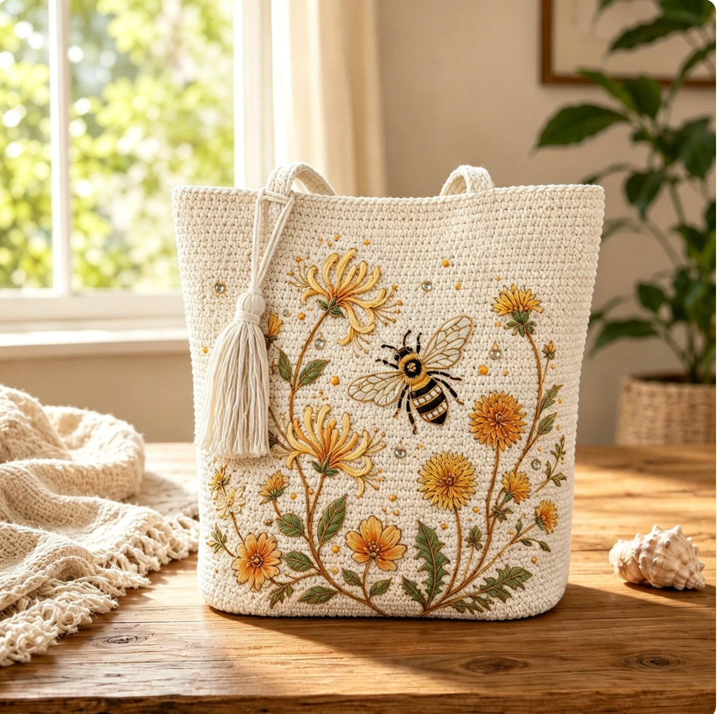 BeeBelle™ gehaakte draagtas met bijen en bloemen