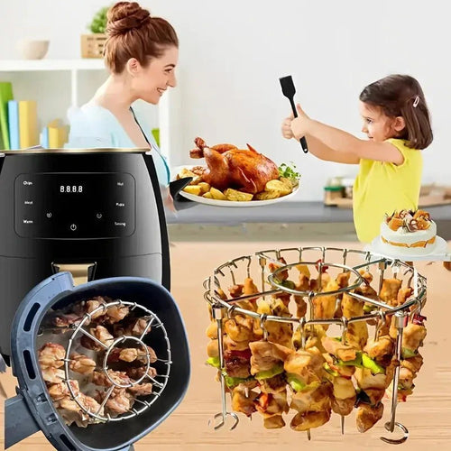 Ronde roestvrijstalen ovengrill met spies.