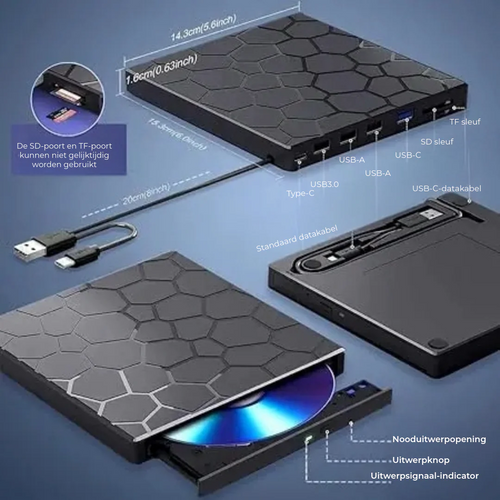 8-in-1 Externe CD/DVD-speler & USB-Hub – Plug & Play
