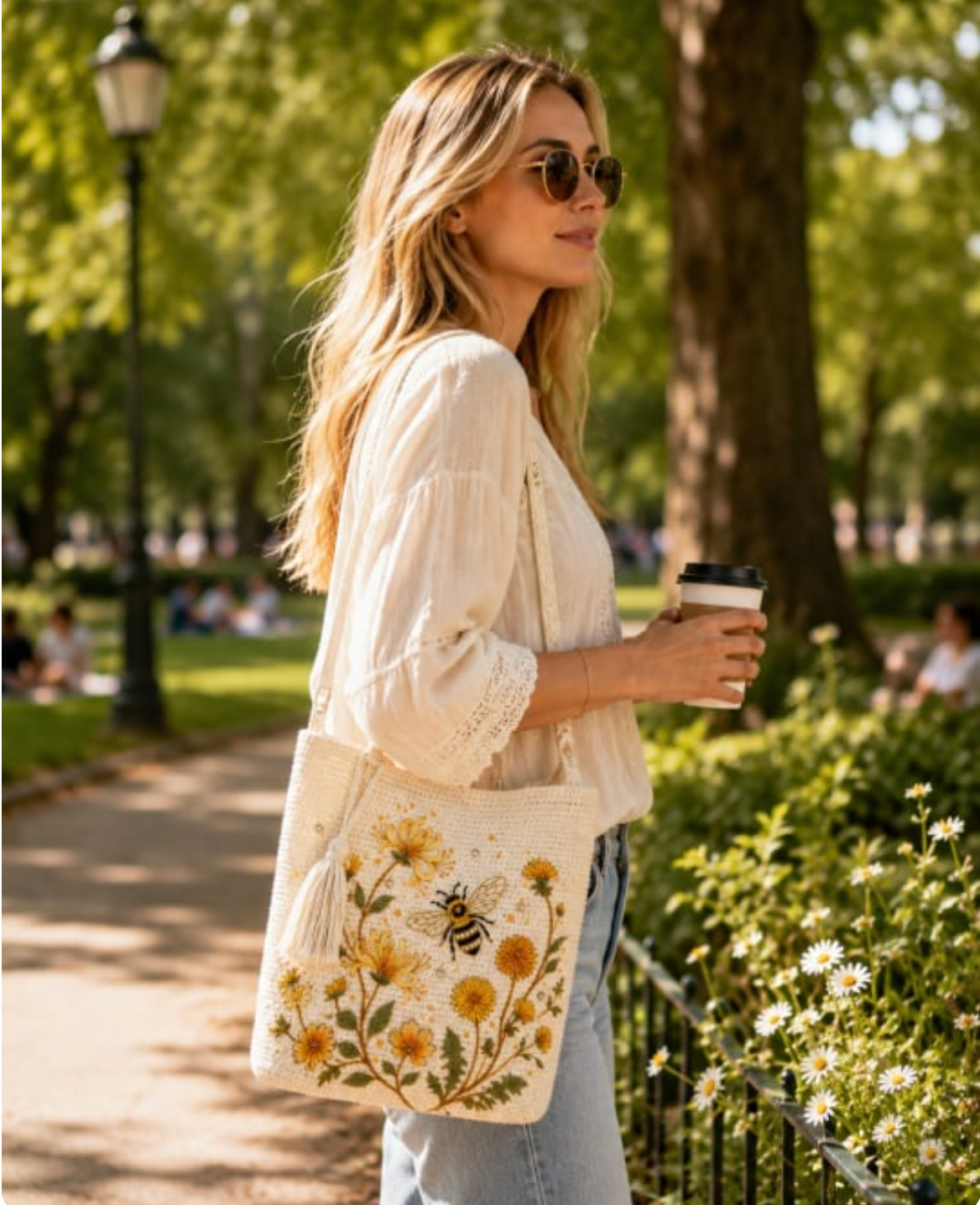 BeeBelle™ gehaakte draagtas met bijen en bloemen